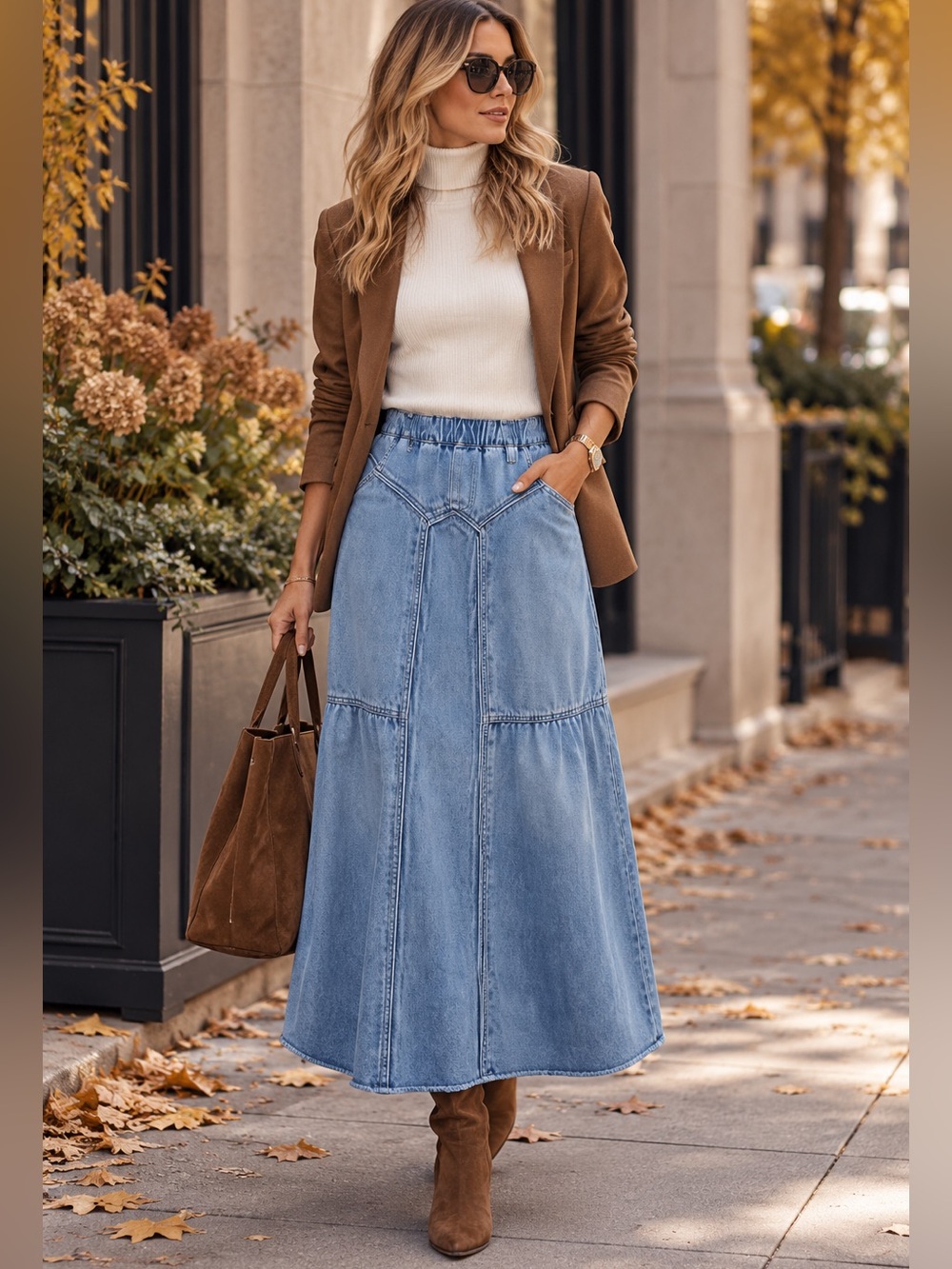 ShopEvelynne Blue Denim Maxi Skirt with Panel Stitching